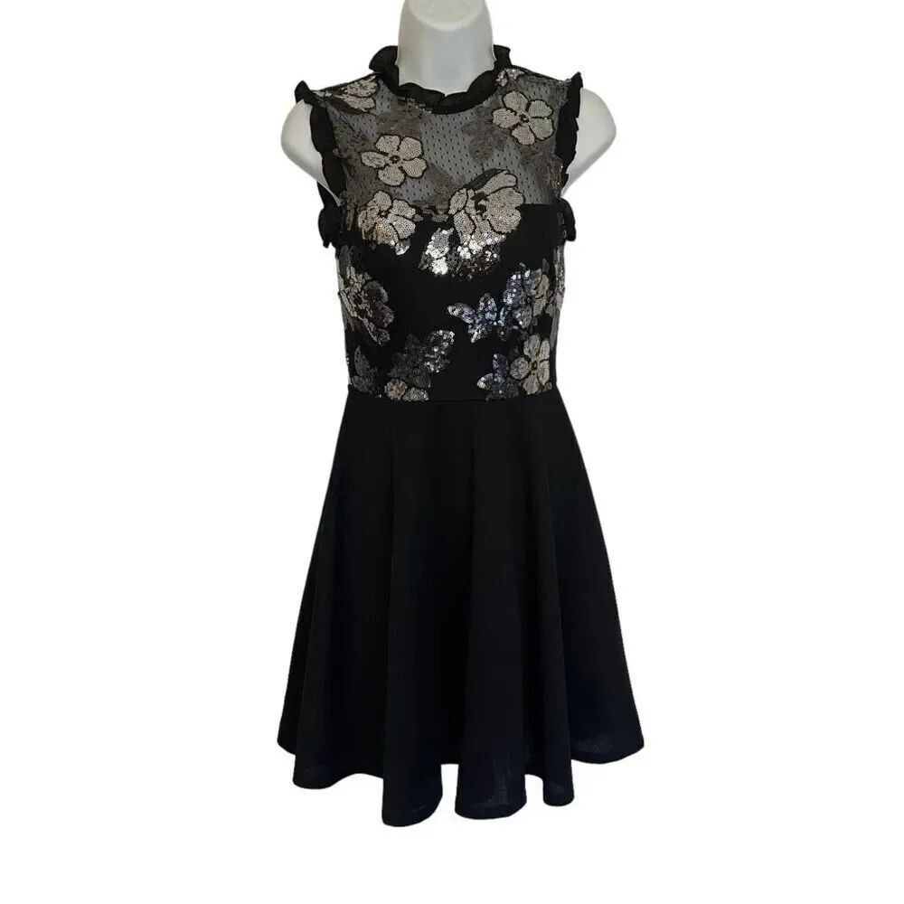 City Studio Women's Sequin Mesh Bodice Sleeveless Dress Black Silver Juniors 3